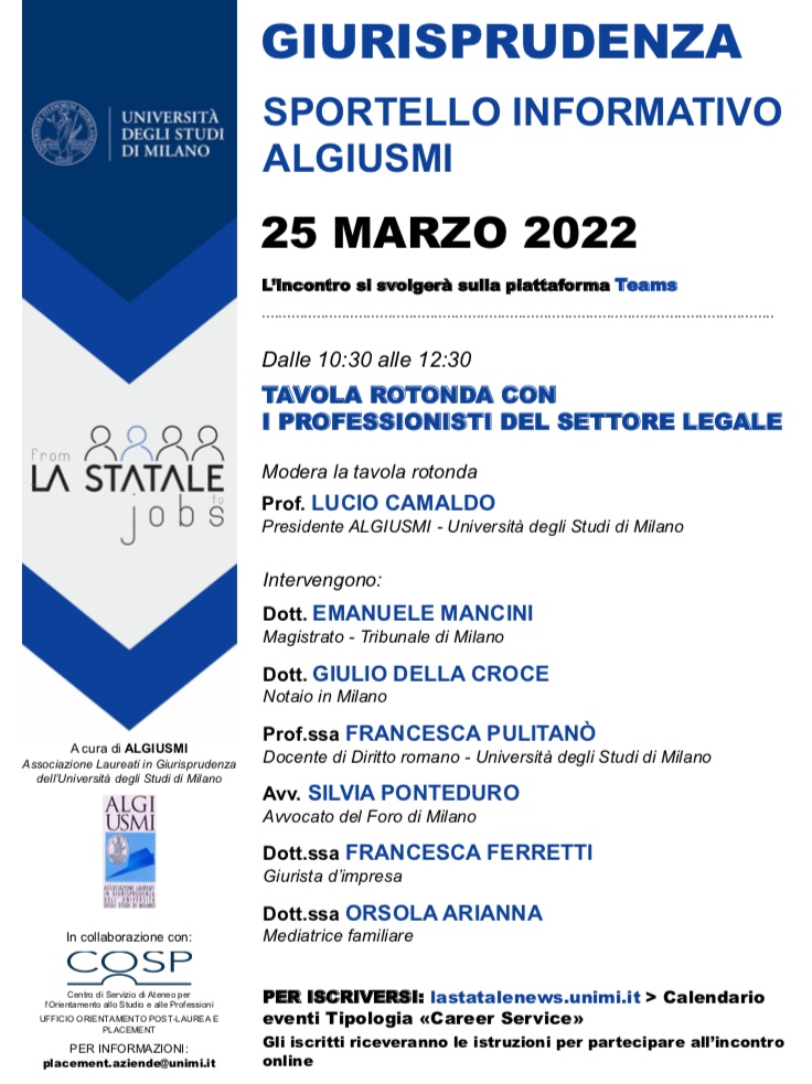 25 marzo 2022 h. 10.30-12.30 TAVOLA ROTONDA CON I PROFESSIONISTI DEL SETTORE LEGALE